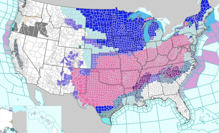 A map released by the National Weather Service on Jan. 23, 2026, shows winter weather advisories and warnings stretching from the southern Plains to the Northeast and South due to a pending winter storm. NWS