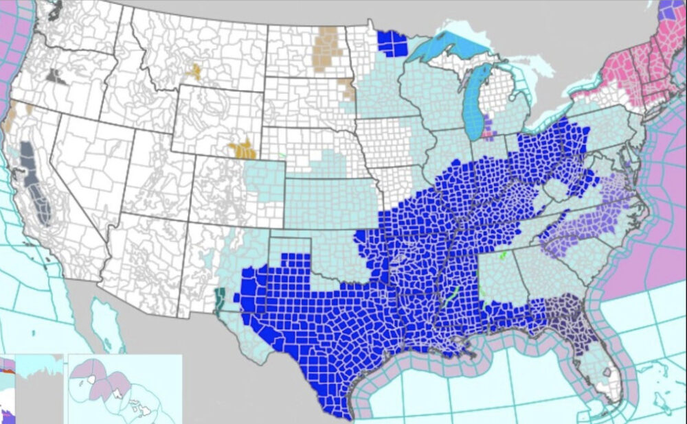 A map released by the National Weather Service on Jan. 26, 2026 shows 'extreme cold' warnings in dark blue and cold weather advisories in light blue. Winter weather advisories are marked in purple, while winter storm warnings are in pink. NWS.