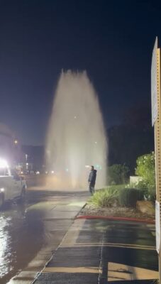 A big rig shears a fire hydrant at the 23400 block of west Lyons Avenue near Apple Street on Monday evening. Photo courtesy of Cary Quashin.