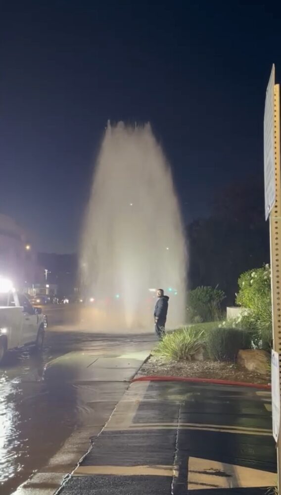 A big rig shears a fire hydrant at the 23400 block of west Lyons Avenue near Apple Street on Monday evening. Photo courtesy of Cary Quashin.