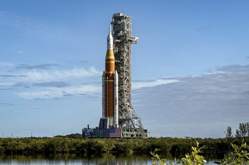 NASA’s Space Launch System rocket is rolled out to Launch Complex 39B ahead of the Artemis II moon mission on Jan. 17, 2026. Photo by T.J. Muscaro.