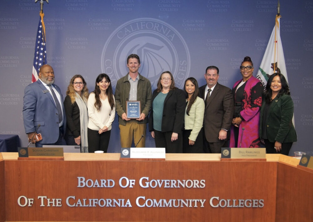 From left: Robert L. Stewart Jr. Of the Academic Senate for California Community Colleges; Thea Sweo Alvarado, College of the Canyons interim assistant superintendent/vice president of instruction; Chancellor Sonya Christian; COC Rising Scholars Faculty Coordinator Garrett Rieck; COC Dean of Academic Innovation and Continuing Education Dianne Avery; Hildegarde B. Aguinaldo, president of the California Community Colleges board of governors; Bill Rawlings, vice president of the CCC board of governors; ASCCC President LaTonya Parker-Parnell; CCC Deputy Chancellor Rowena M. Tomaneng. Photo by Melissa Villarin.