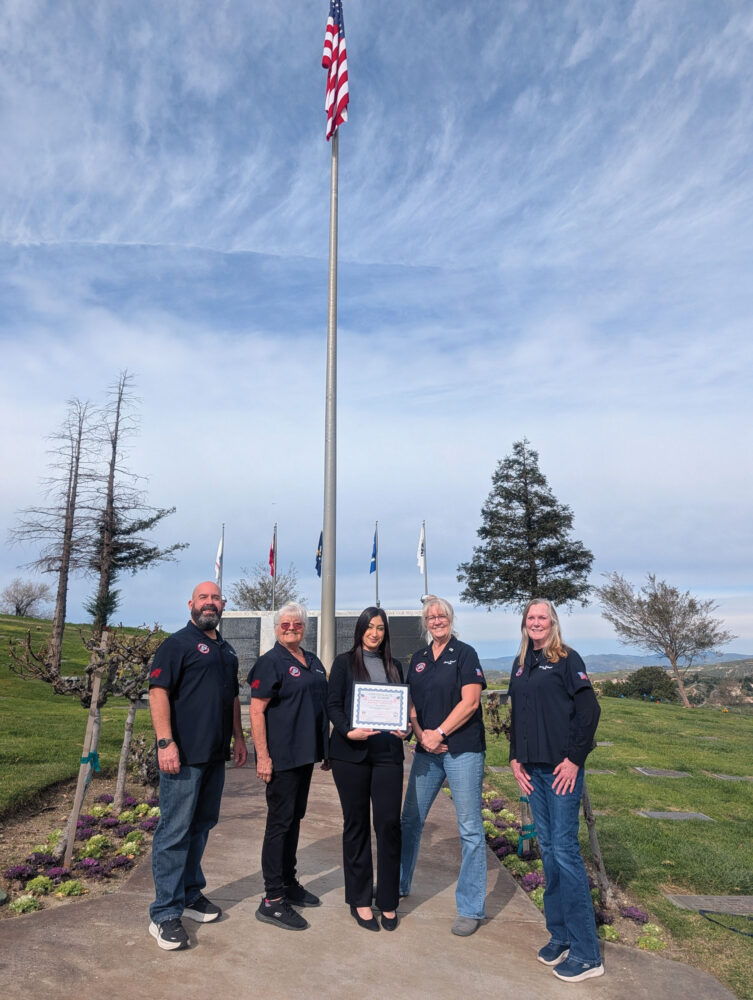 From left: Exalted Ruler Mike Brandriff, Elks member Pam Hogan, Eternal Valley representative Estrella Perez, and Santa Clarita Elks Lodge Americanism Chairmen Linda Edwards and Donna Schmidt. Courtesy of Linda Edwards.