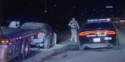 California Highway Patrol officers investigate the scene of a fatal crash on Sunday night on Interstate 5 near Lake Hughes Road. Screenshot from video by Gabriel Pabon/Key News Network.