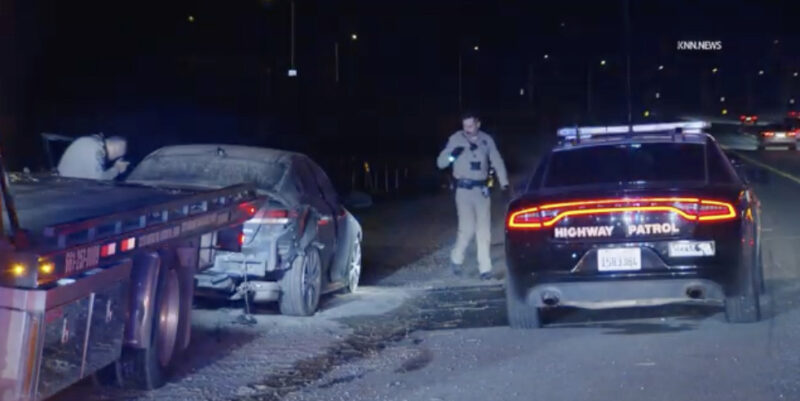 California Highway Patrol officers investigate the scene of a fatal crash on Sunday night on Interstate 5 near Lake Hughes Road. Screenshot from video by Gabriel Pabon/Key News Network.