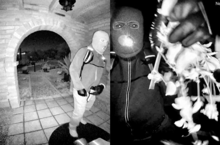 A combination of images from video show a masked person outside the home of Nancy Guthrie in Catalina Foothills, Arizona. Courtesy of the FBI.