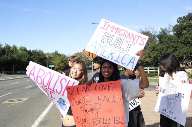 West Ranch High School students hold signs at an anti-ICE walk out and protest at the intersection of The Old Road and Valencia Boulevard in Stevenson Ranch, Thursday, Feb. 12, 2026. Kamryn Martell/The Signal