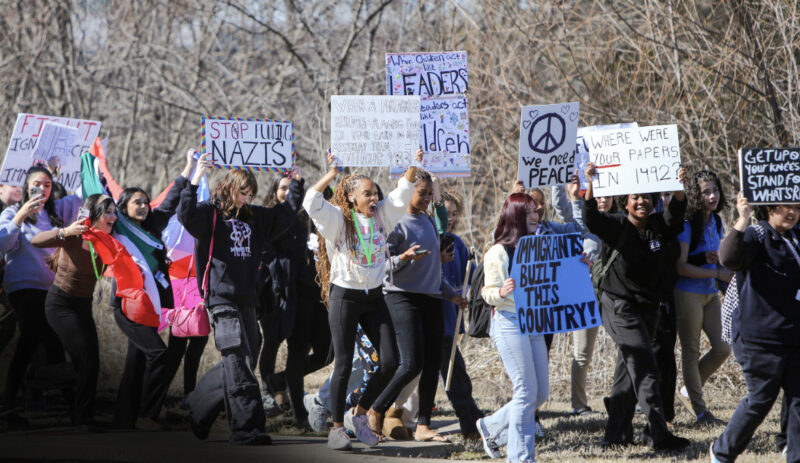 Students from North Forney High School participate in an anti-ICE walkout in Forney, Texas, on Feb. 5, 2026. Photo by Bobby Sanchez.