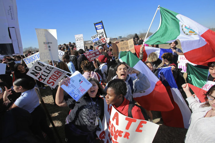 Students from North Forney High School stage a walkout in Forney, Texas, on Feb. 5, 2026. About 200 students protested against Immigration and Customs Enforcement for about 45 minutes. Photo by Bobby Sanchez.