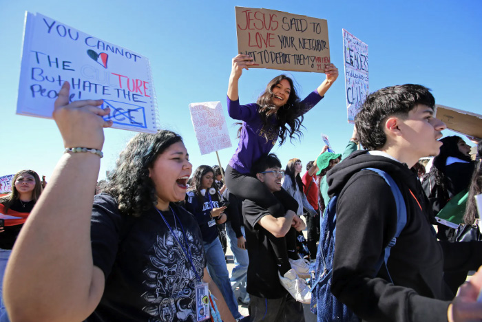 Students from North Forney High School participate in an anti-ICE walkout in Forney, Texas, on Feb. 5, 2026. Photo by Bobby Sanchez.
