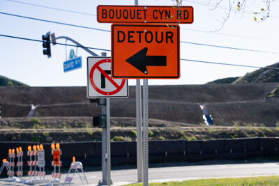 Commuters are diverted north following the closure of Bouquet Canyon Road at David Way in preparation for a housing development project in Saugus on Friday, Feb 13, 2026. Katherine Quezada/The Signal
