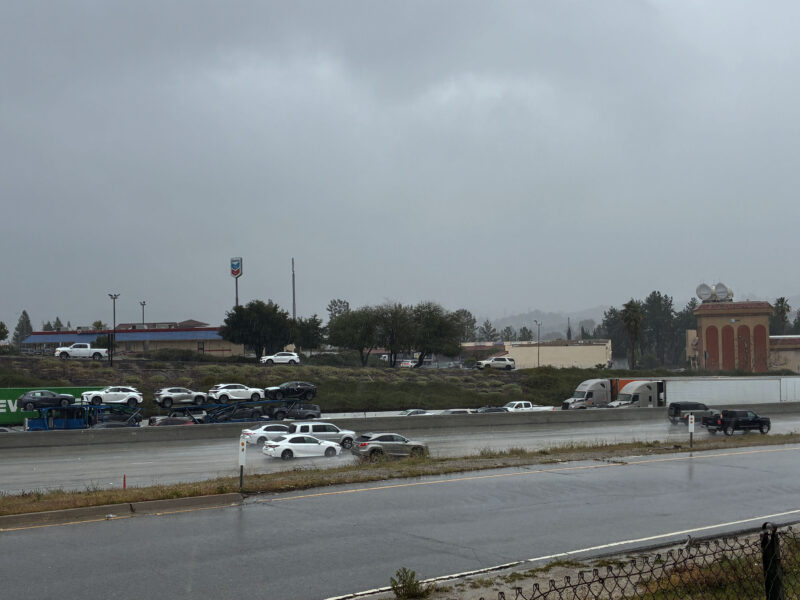Traffic backs up on Interstate 5 during the rain, Monday, Feb. 16, 2026. Kamryn Martell/The Signal