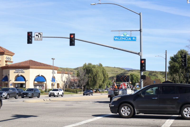 The street lights are down after an underground explosion on the 23700 block of Valencia Boulevard, Sunday, Feb. 22, 2026. Kamryn Martell/The Signal