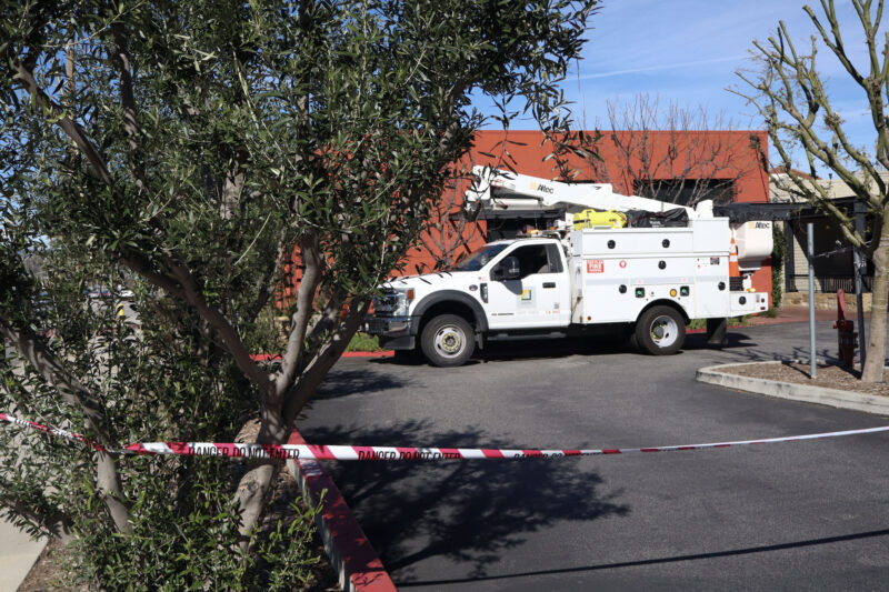 Southern California Edison trucks are seen after an underground explosion on the 23700 block of Valencia Boulevard, Sunday, Feb. 22, 2026. Kamryn Martell/The Signal