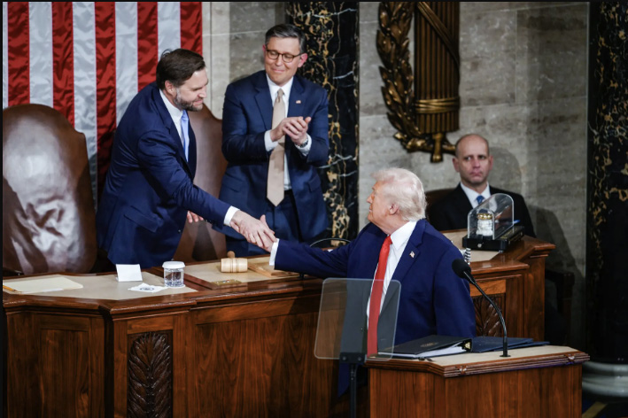 Vice President JD Vance shakes hands with President Donald Trump during Trump’s first State of the Union address during his second presidential term in the House Chamber on Capitol Hill, Washington, on Feb. 24, 2026. Photo by Madalina Kilroy.