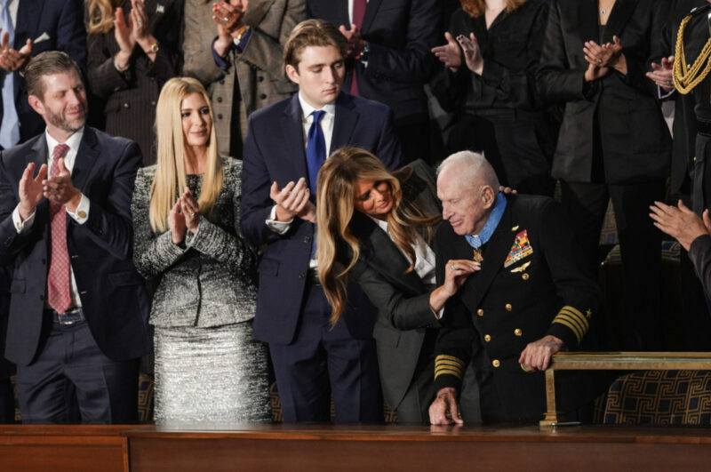 U.S. veteran Capt. E. Royce Williams is presented with the Medal of Honor by First Lady Melania Trump at President Donald Trump's first State of the Union address during his second presidential term, in the House Chamber on Capitol Hill in Washington on Feb. 24, 2026. Photo by Madalina Kilroy.