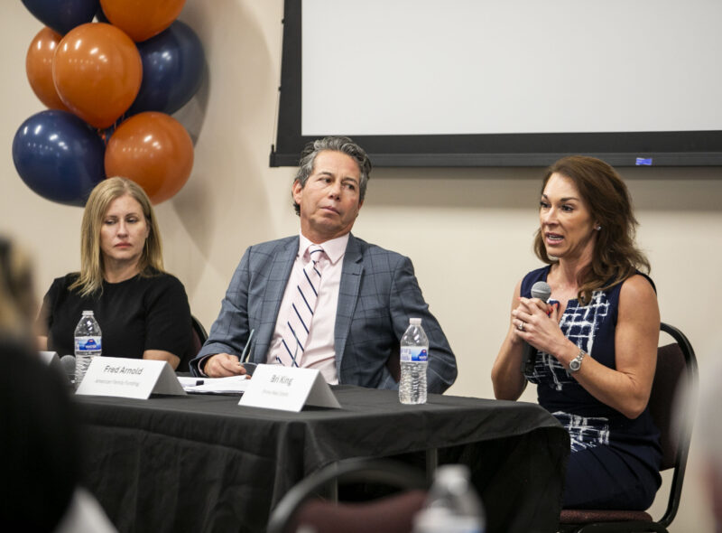 From left: Pamela Verner, Fred Arnold and Bri King answer questions during the VIA Luncheon: "Real Estate, Rates and the Workforce" at the Child & Family Center on Tuesday, Feb. 24, 2026. Habeba Mostafa/ The Signal