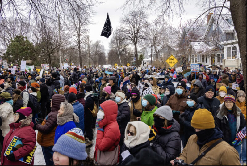 Protesters numbering in the thousands demonstrate against Immigration and Customs Enforcement (ICE) operations in Minneapolis on Jan. 10, 2026. Demonstrations over ICE activity spread to multiple states, ranging from peaceful rallies to clashes with federal agents. Photo by John Fredricks.