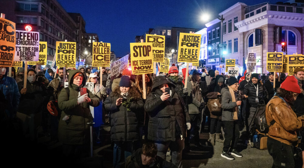 People join a march to protest against Immigration and Customs Enforcement operations in Washington on Jan. 20, 2026. Photo by Madalina Kilroy.