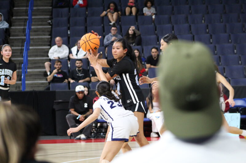 Saugus senior guard Brianna Burroughs looking for an open pass during the CIF-SS Division 2 Championship game against the Crescenta Valley Falcons at the Toyota Arena in Ontario on Feb 27, 2026. Ryan Romero/The Signal