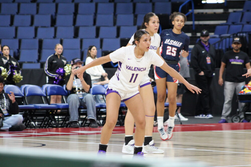 Valencia freshman guard Sophia Sarkar defending against the La Salle Lancers during the CIF-SS Division 1 Championship at the Toyota Arena in Ontario on Feb. 27, 2026. Ryan Romero/The Signal