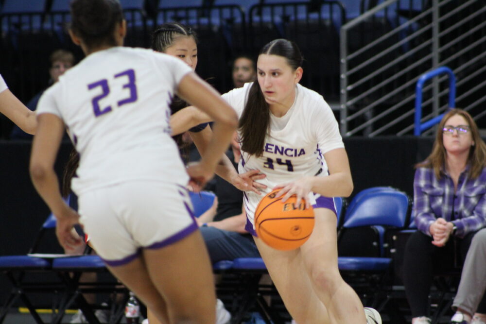 Valencia sophomore guard Kamila Basyrova (34) driving to the basket against the La Salle Lancers during the CIF-SS Division 1 Championship at the Toyota Arena in Ontario on Feb. 27, 2026. Ryan Romero/The Signal