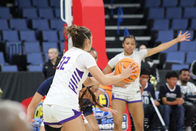Valencia senior Cara McKell (32) looking for an open pass during the CIF-SS Division 1 Championship against the La Salle Lancers at the Toyota Arena in Ontario on Feb. 27, 2026. Ryan Romero/The Signal