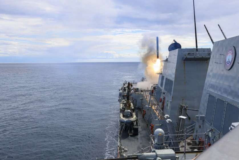 Arleigh Burke-class guided-missile destroyer USS Thomas Hudner (DDG 116) fires a Tomahawk land attack missile in support of Operation Epic Fury, on Mar. 1, 2026. U.S. Navy photo
