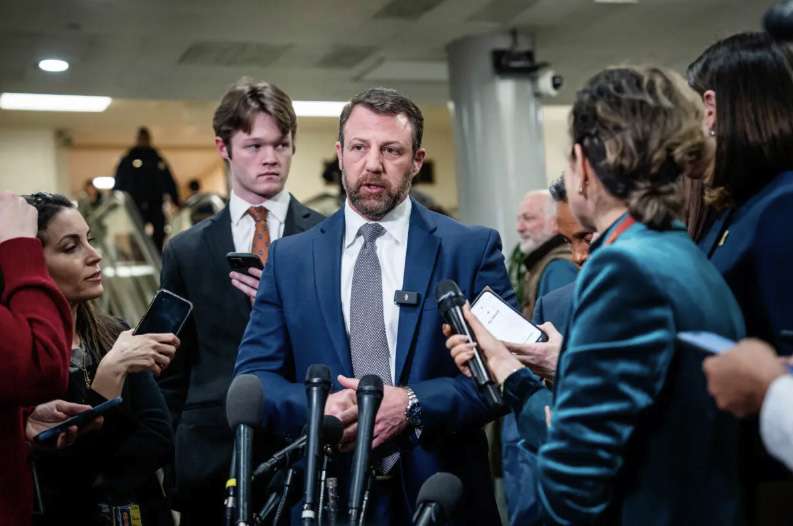 Sen. Markwayne Mullin (R-Okla.) speaks to members of the media on Capitol Hill in Washington on March 3, 2026. Photo by Madalina Kilroy.
