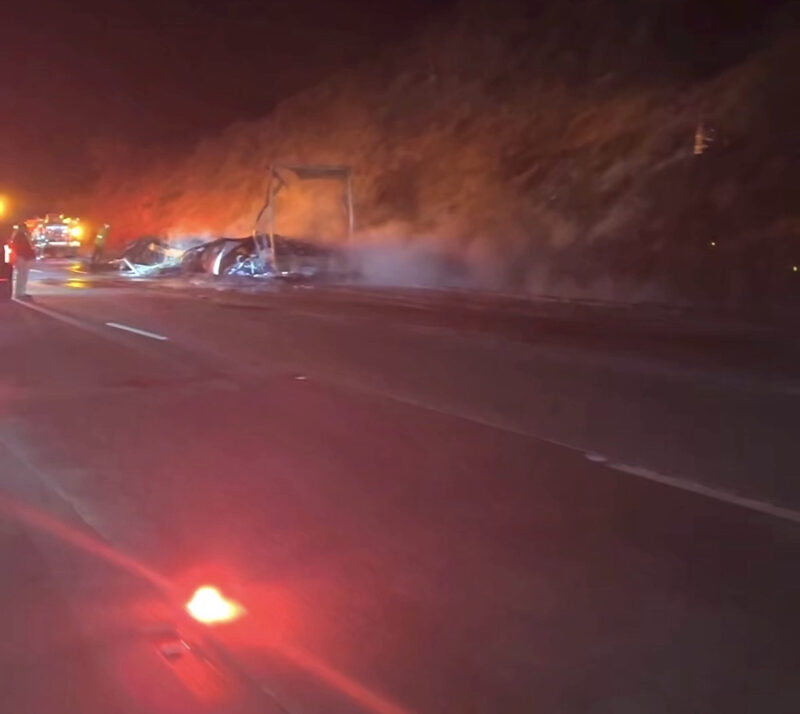 A big rig carrying Amazon goods driving 2 miles south of Quail Lake on Interstate 5 was engulfed in flames Friday night, according to the L.A. County Fire Department.  Signal staff photo.