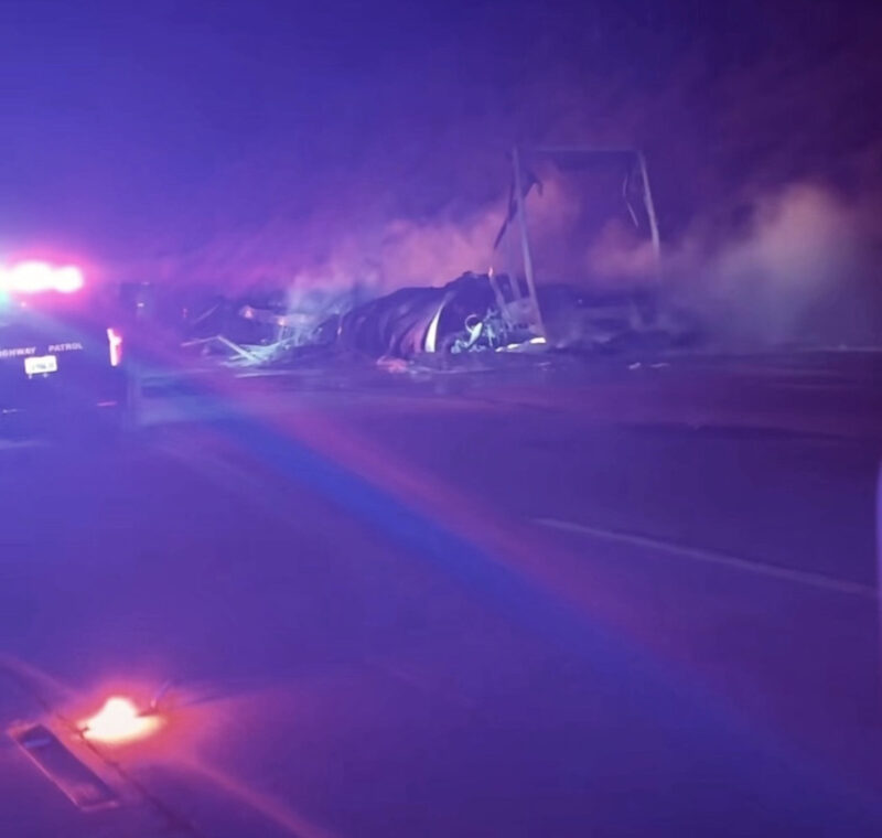 A big rig carrying Amazon goods driving 2 miles south of Quail Lake on Interstate 5 was engulfed in flames Friday night, according to the L.A. County Fire Department.  Signal staff photo.