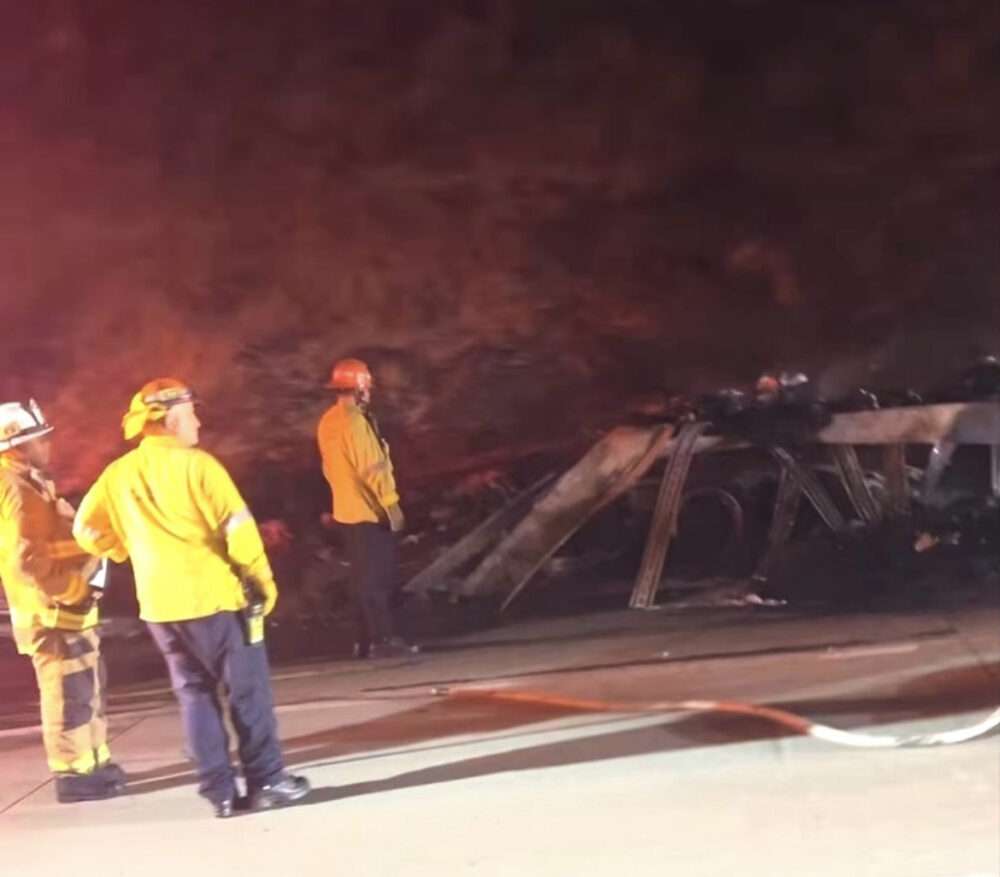 A big rig carrying Amazon goods driving 2 miles south of Quail Lake on Interstate 5 was engulfed in flames Friday night, according to the L.A. County Fire Department. Signal staff photo.