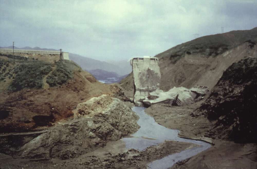 The "tombstone," the center part of the St. Francis Dam, was left standing after the dam failed on March 12, 1928. Courtesy photo.
