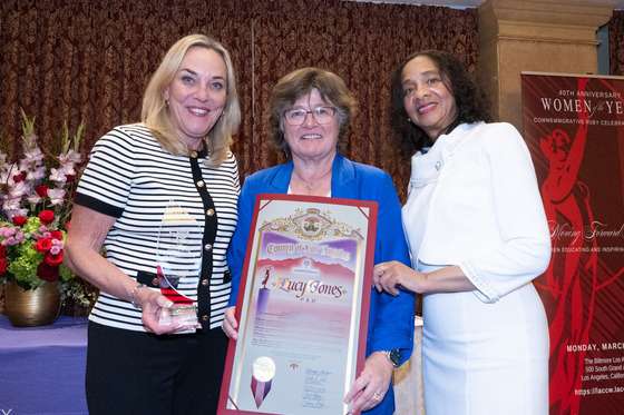 Los Angeles County Supervisor Kathryn Barger (left) joins Lucy Jones (center), the 5th District's Woman of the Year honoree, and Regina Smith, president of the Los Angeles County Commission for Women, at the 40th Annual Women of the Year Luncheon. Photo: David Franco/L.A. County.
