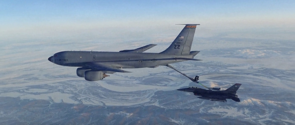 An F-16 fighter refuels from a KC-135 Stratotanker over Alaska on Feb. 19, 2026. U.S. Department of Defense via AP.