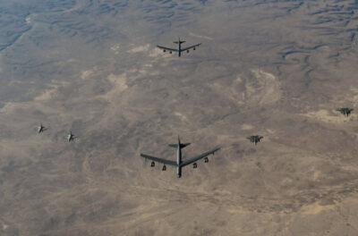Two B-52s conduct a CENTCOM bomber task force mission in the Middle East on Feb. 17, 2025. CENTCOM