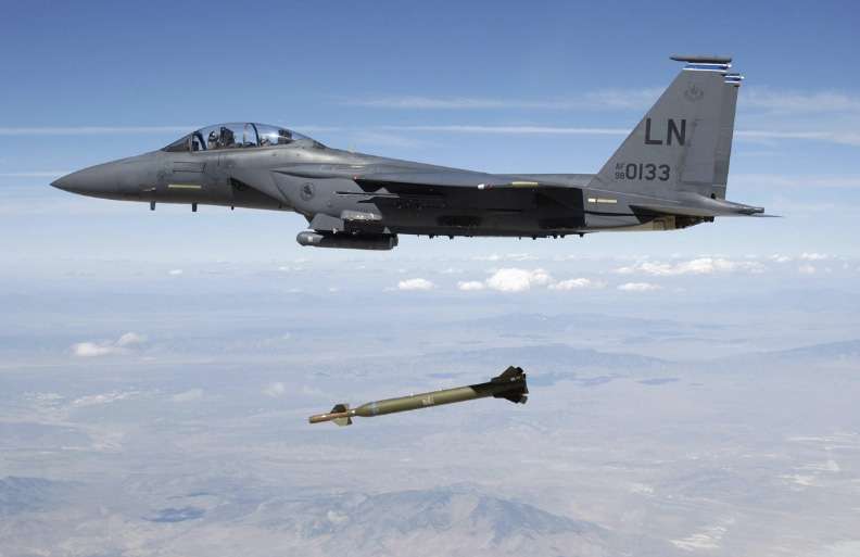 A U.S. Air Force F-15E Strike Eagle aircraft from the 492nd fighter squadron releases a GBU-28 "bunker buster" 5,000-pound laser-guided bomb on Aug. 5, 2003. U.S. Air Force via Reuters