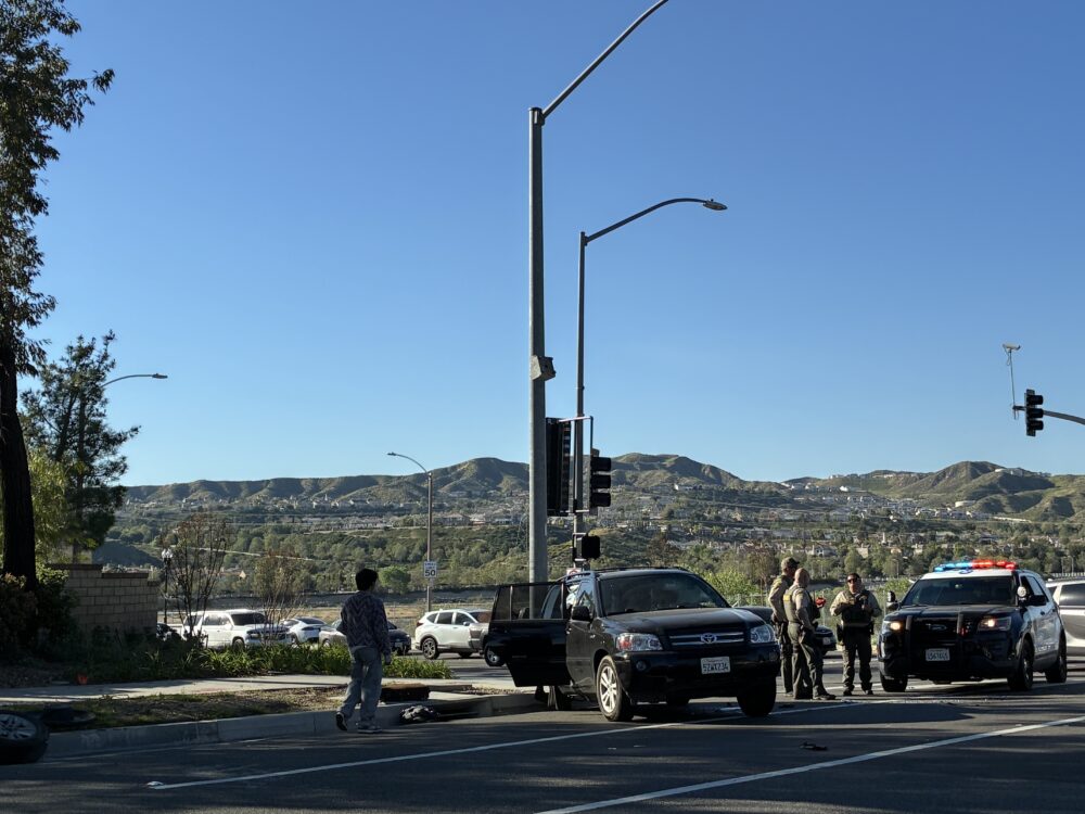 A two-vehicle traffic collision on Copper Hill Drive and McBean Parkway leaves both cars with damage, Wednesday, March 18, 2026. Kamryn Martell/The Signal