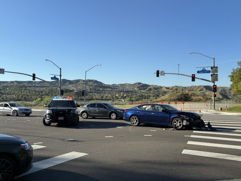 A two-vehicle traffic collision on Copper Hill Drive and McBean Parkway leaves both cars with damage, Wednesday, March 18, 2026. Kamryn Martell/The Signal
