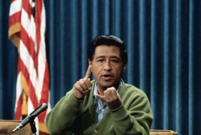 César Chávez, then head of the United Farm Workers, during a press conference in Sacramento, on Dec. 12, 1973. Photo from CalMatters via the Bettman Archive, Getty Images