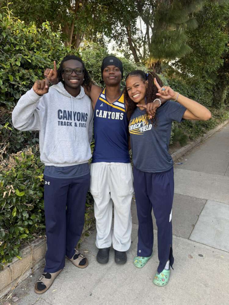 College of the Canyons track field competed at two meets over the weekend of March 13-15 and established three new school records. Pictured: Thurlee Bowers, Antonio Moore and Hazel Rhodes were part of a Canyons contingent that combined for 16 Top-25 finishes across 12 events. Photo courtesy of COC.