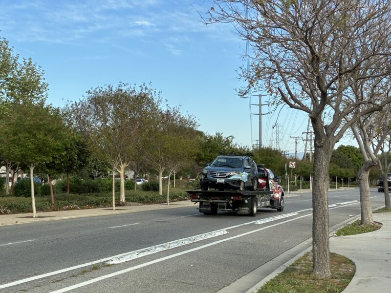 One of the vehicles was towed after sustaining damage from a traffic collision on Old Orchard Road and Lyons Avenue on Sunday, March 22, 2026. Kamryn Martell/The Signal