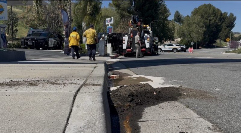 First responders were dispatched to a big rig that fell on its side leaking diesel on The Old Road near Sloan Canyon Road in Castaic, Monday, March 23, 2026. Signal Staff/The Signal