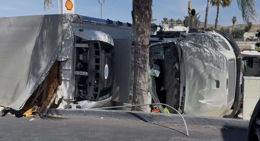 A big rig fell on its side leaking diesel on The Old Road near Sloan Canyon Road in Castaic, Monday, March 23, 2026. Signal Staff/The Signal