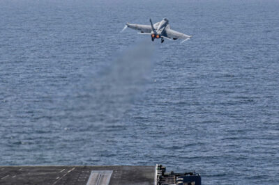 An F/A-18E Super Hornet attached to Strike Fighter Squadron (VFA) 151, takes off from the flight deck of Nimitz-class aircraft carrier USS Abraham Lincoln in support of Operation Epic Fury, on Feb. 28, 2026. U.S. Navy via Getty Images