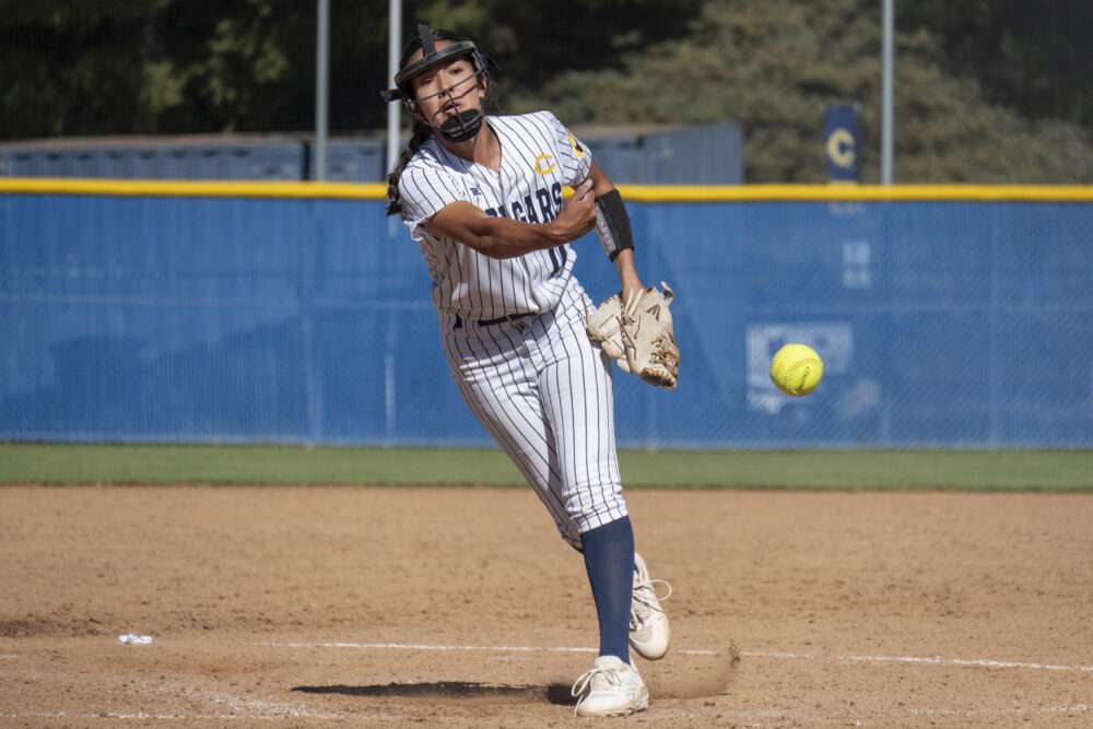 Pitcher Anais Perez, pictured here in a previous game, earned a complete-game win in College of the Canyons’ matchup against L.A. Mission College last week. Photo by Carla Sophia Velasco/COC Sports Information.