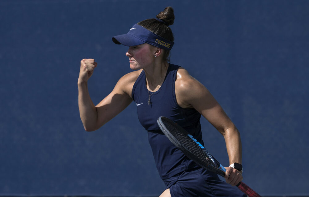 Lauren Neal, shown here in a previous match, posted wins in singles and doubles along with doubles partner Breana Lemos in College of the Canyons’ matchup against Santa Monica College on March 17, 2026. Photo by Robert Hanashiro/COC Sports Information.