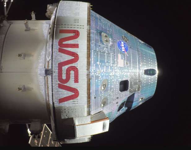 Orion snapped this high-resolution selfie in space with a camera mounted on one of its solar array wings during a routine external inspection of the spacecraft on the second day into the Artemis II mission. The image was downlinked by the Orion Artemis II Optical Communications System.