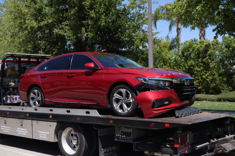 A red Honda and a mail truck were involved in a traffic collision on Prima Way and Propello Drive in Canyon Country, Monday, April 6, 2026. Kamryn Martell/The Signal