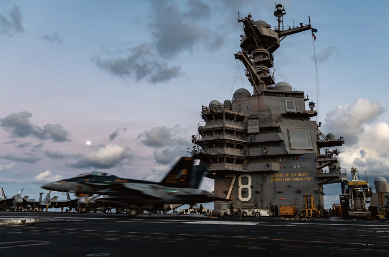 An F/A-18F Super Hornet aircraft, attached to Strike Fighter Squadron 213, lands on the flight deck of the world's largest aircraft carrier, USS Gerald R. Ford (CVN 78), while operating in support of Operation Epic Fury on March 2, 2026 in the Mediterranean Sea. U.S. Navy via Getty Images
